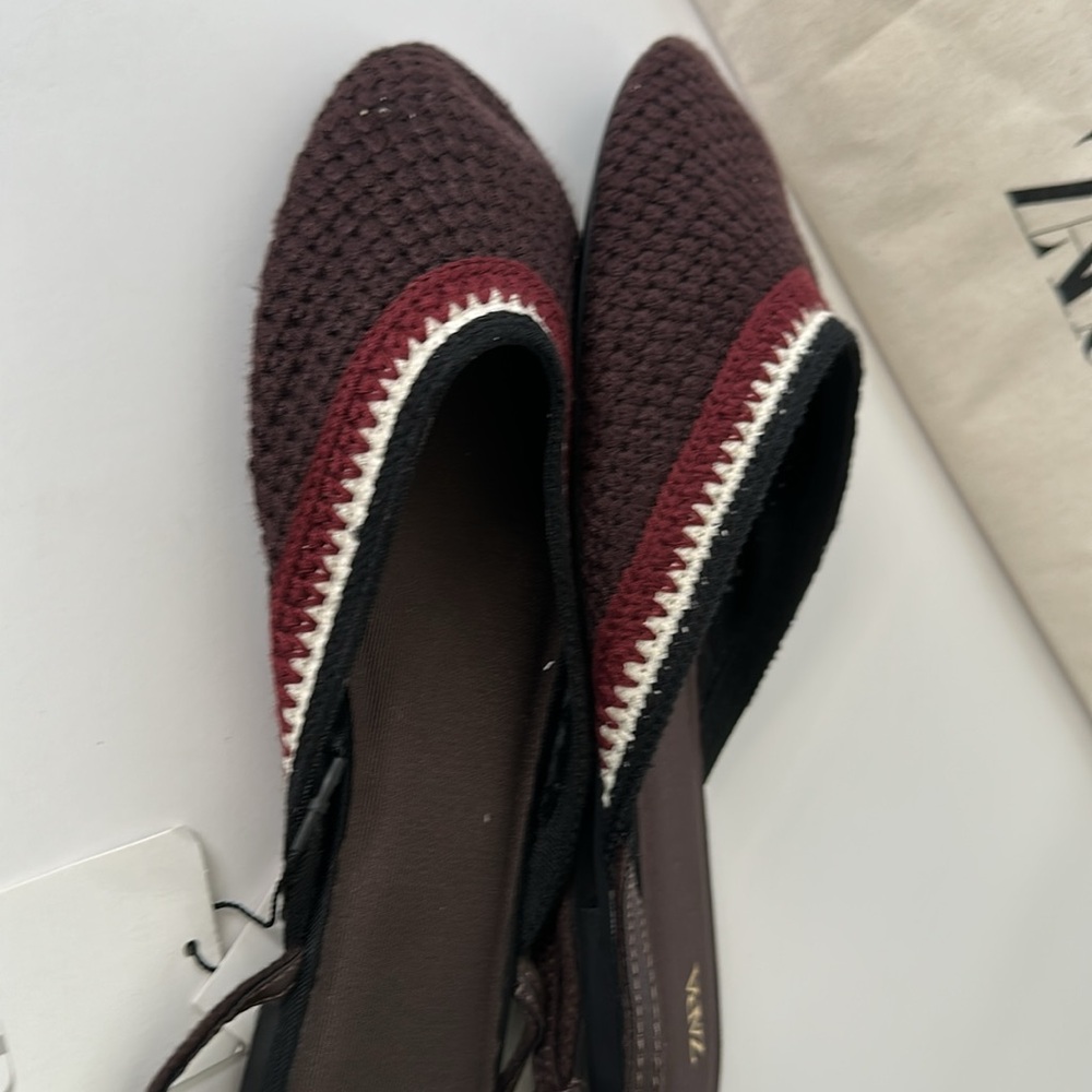 Zara Women's Burgundy and White Braided Flats - Picture 6 of 17